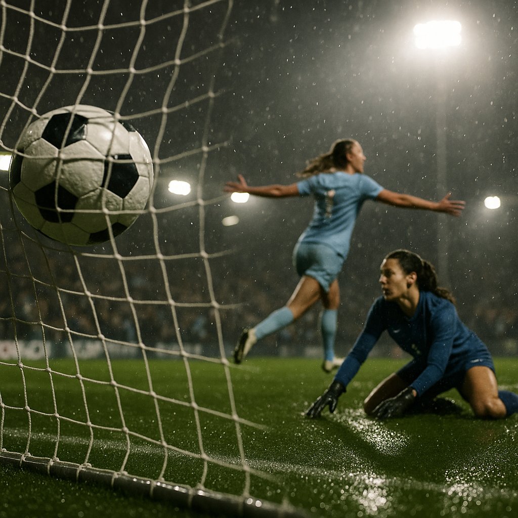 Chelsea Women vs Man City Women, 2-2, 91st-minute equalizer celebration under floodlights.